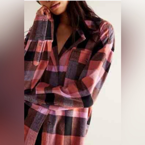 Free People Izzie Cargo Plaid Oversize Shirt Top, black Pink size medium - Picture 3 of 5